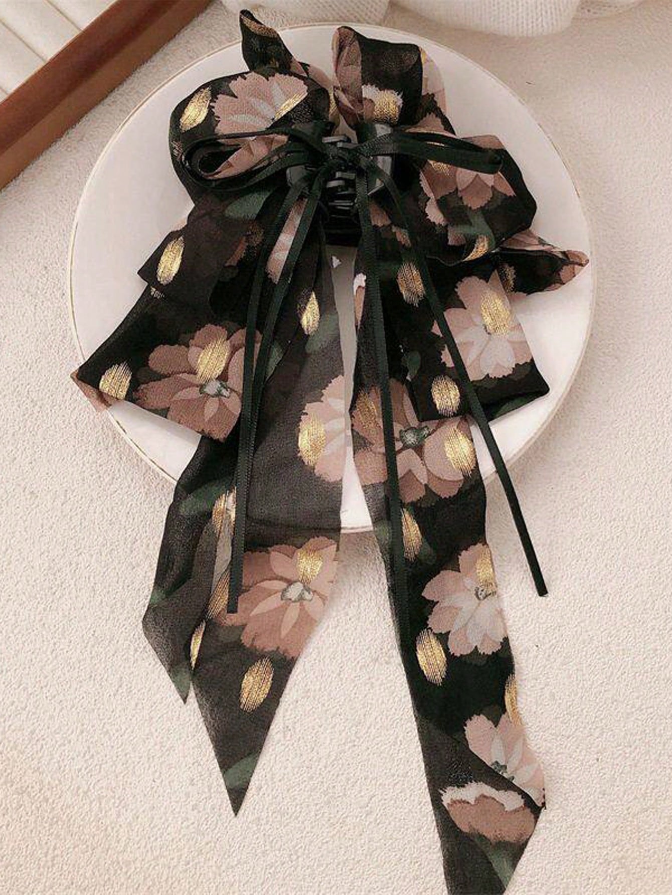 1pc Retro Floral Print Big Bow Barrette With Long Accent Hair Clip