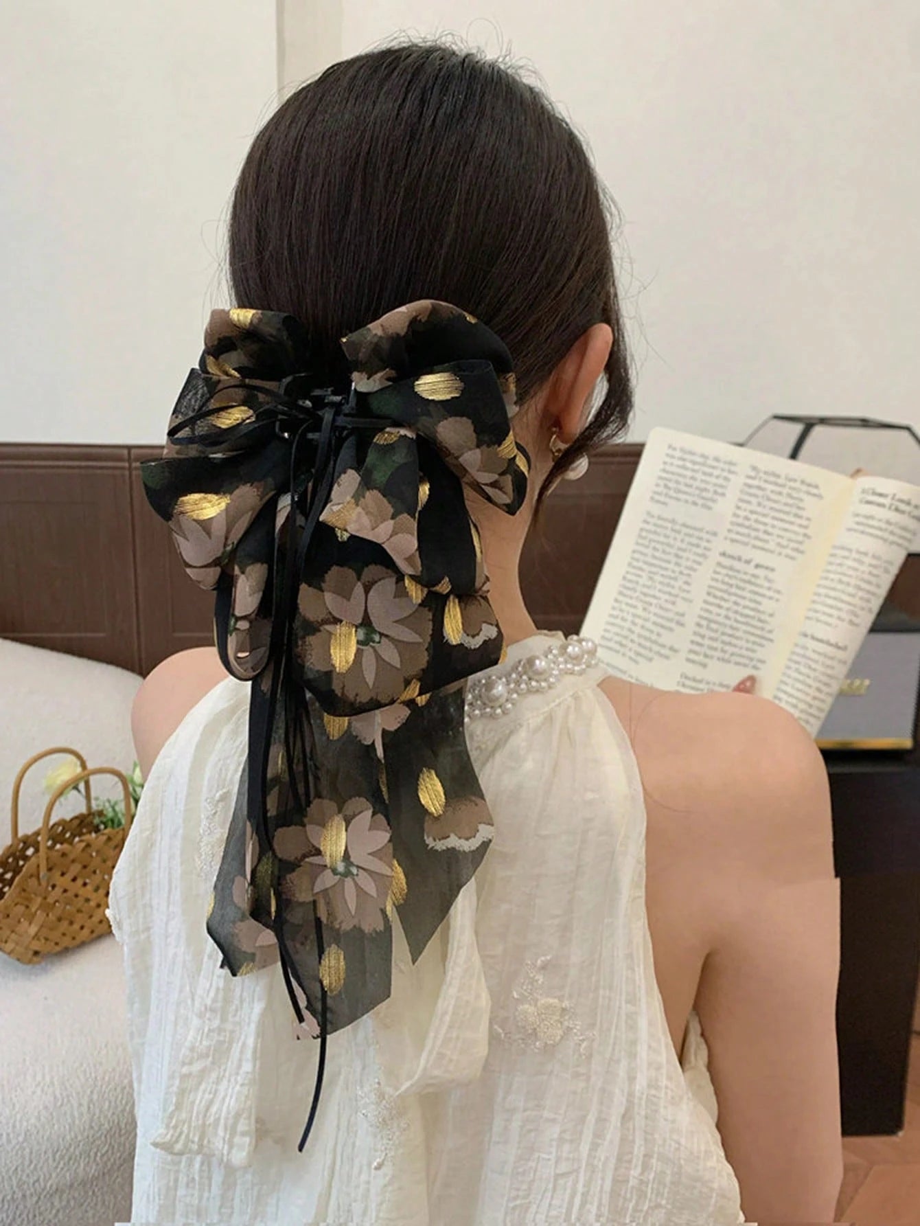 1pc Retro Floral Print Big Bow Barrette With Long Accent Hair Clip