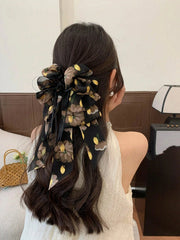 1pc Retro Floral Print Big Bow Barrette With Long Accent Hair Clip