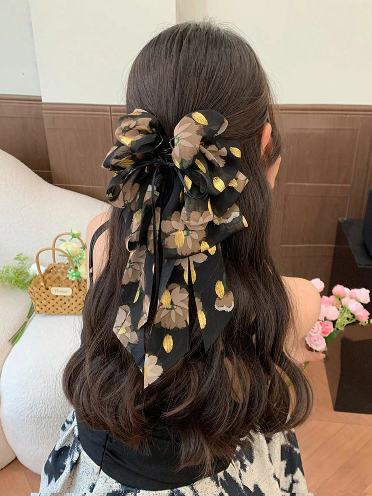 1pc Retro Floral Print Big Bow Barrette With Long Accent Hair Clip