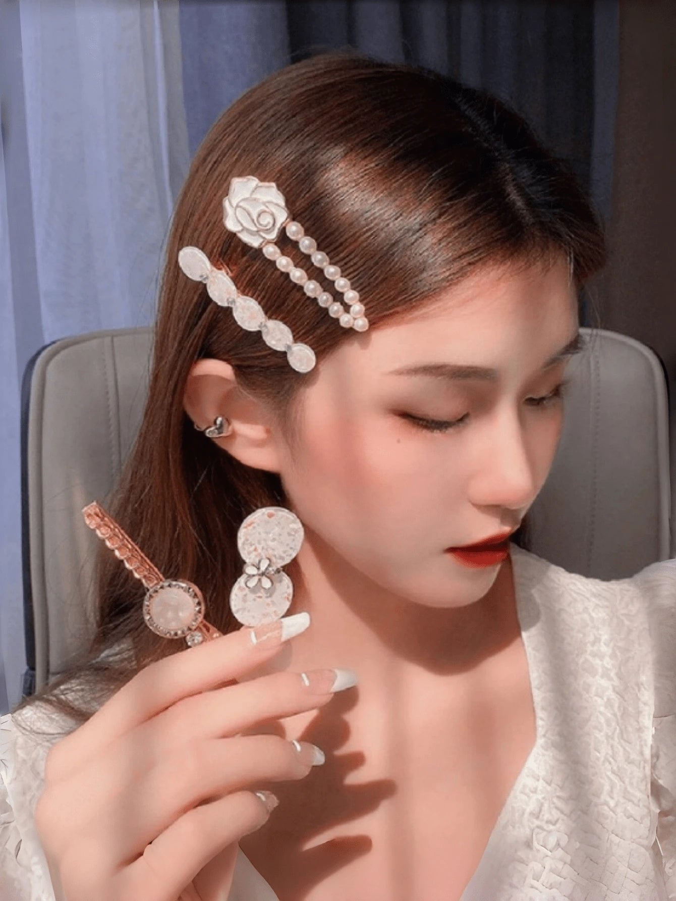 5pcs Women Pearl & Rhinestone Hair Clip Set
