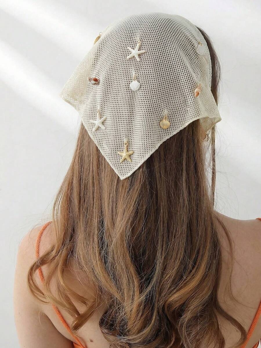 1pc Handmade Crochet Mesh Head Scarf With Starfish & Shell Charms