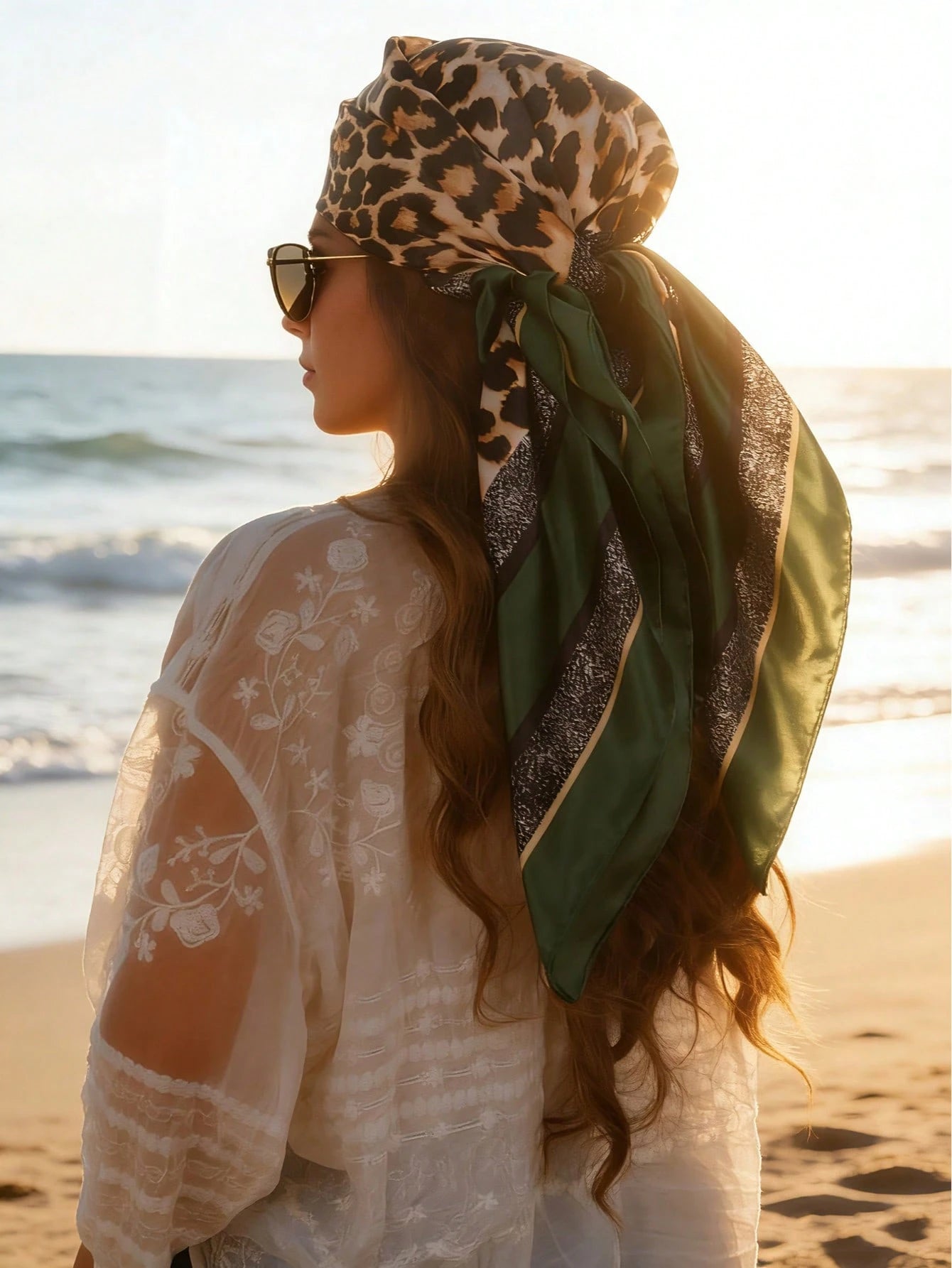 1pc Green Leopard Print Satin Scarf
