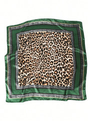 1pc Green Leopard Print Satin Scarf