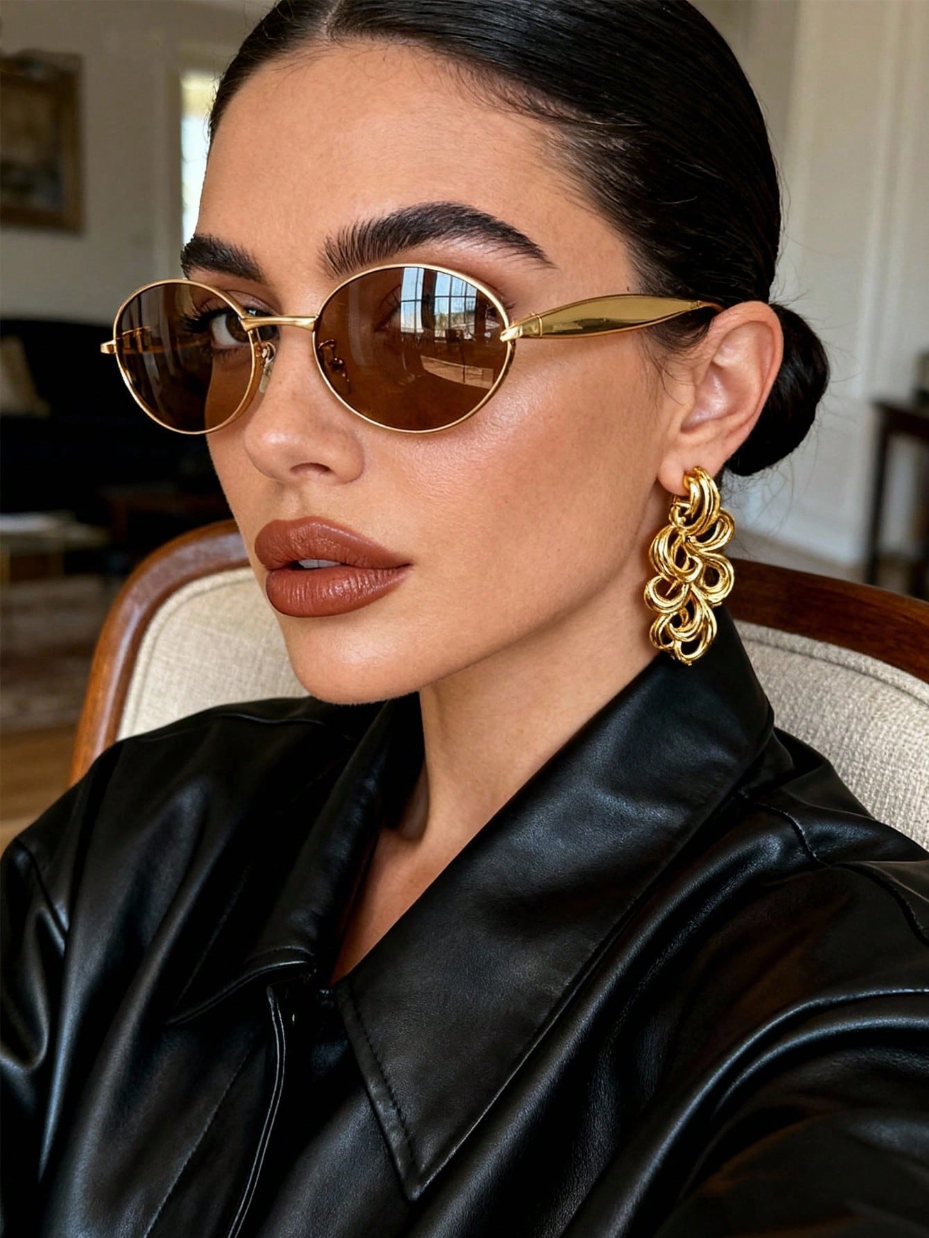 Golden Oval Metal Full Frame Sardine Temple Vintage Sunglasses - Brown Lens