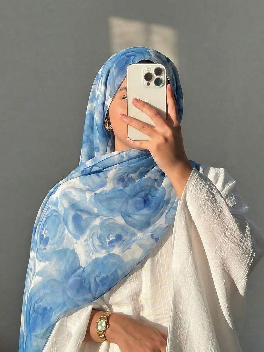 1pc Bohemian Blue Camellia Floral Pattern Scarf