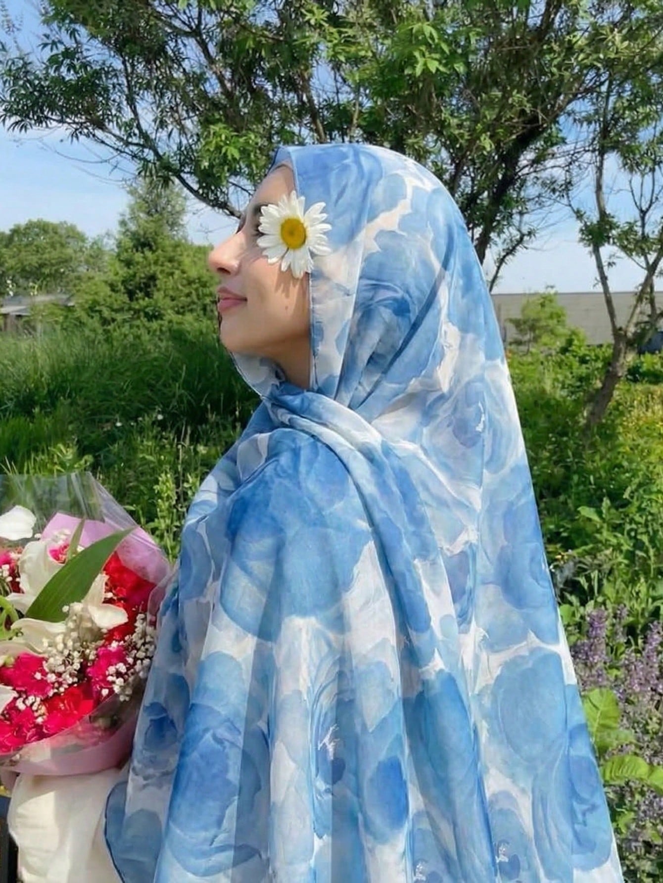1pc Bohemian Blue Camellia Floral Pattern Scarf