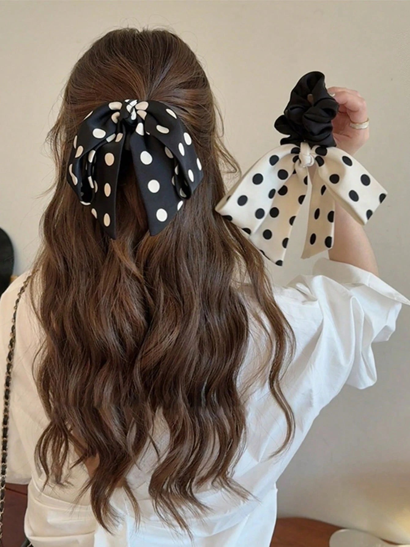 2Pcs Polka Dot Bow Scrunchies Black White Elegant Hair Ties