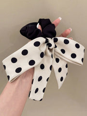 2Pcs Polka Dot Bow Scrunchies Black White Elegant Hair Ties