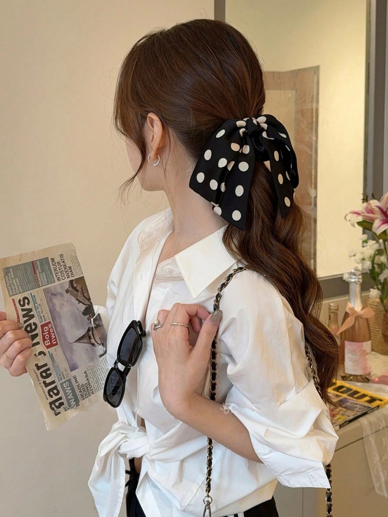 2Pcs Polka Dot Bow Scrunchies Black White Elegant Hair Ties