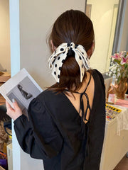 2Pcs Polka Dot Bow Scrunchies Black White Elegant Hair Ties