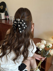 2Pcs Polka Dot Bow Scrunchies Black White Elegant Hair Ties