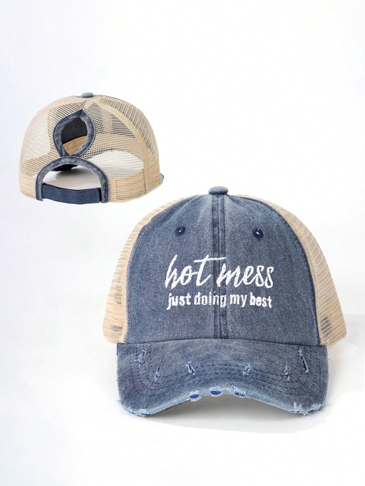 1pc Embroidered "Hot Mess" Distressed Ponytail Baseball Cap