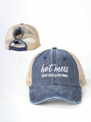 1pc Embroidered "Hot Mess" Distressed Ponytail Baseball Cap