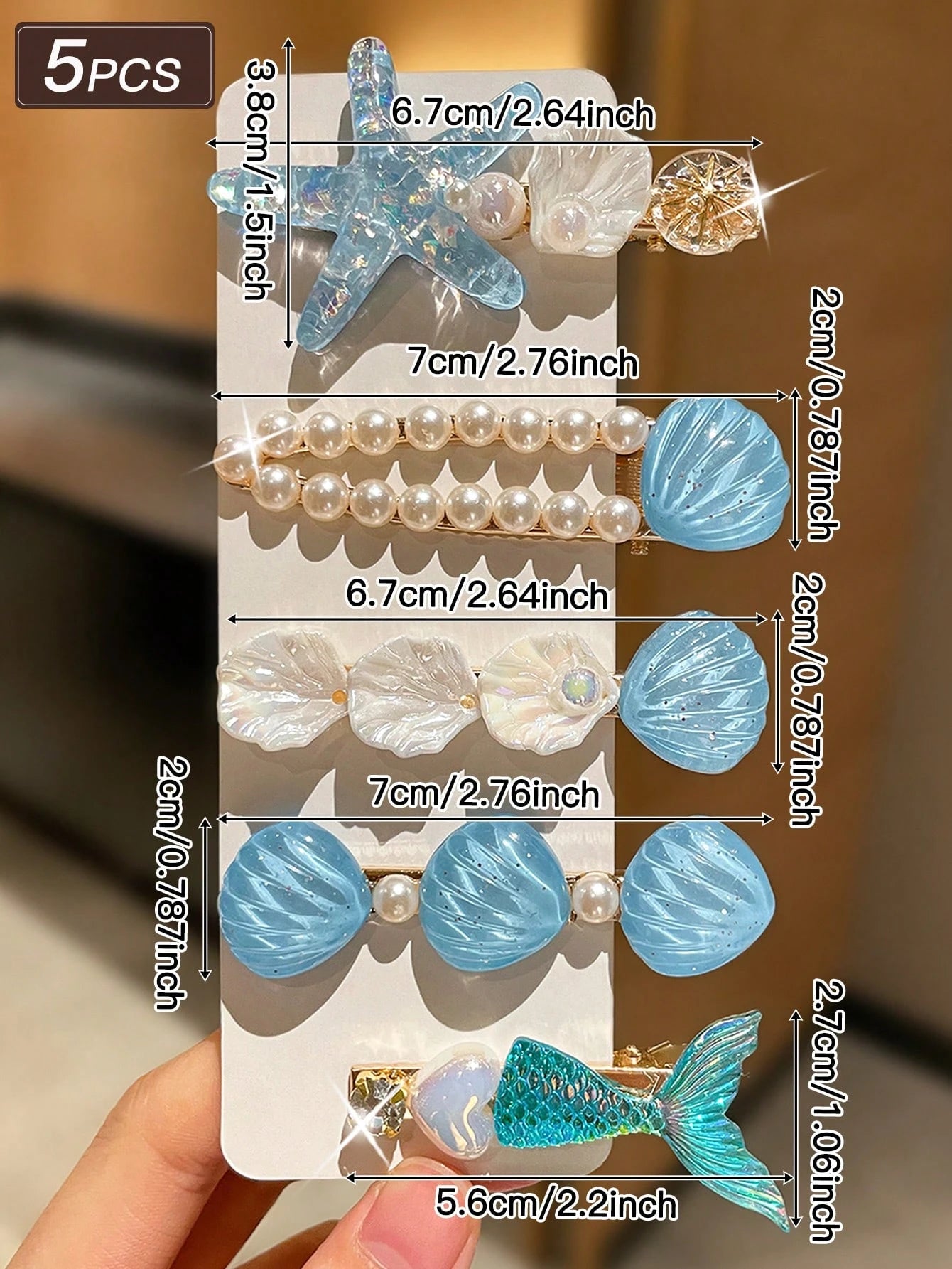 5pcs Blue Starfish & Shell Hair Clips