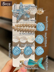 5pcs Blue Starfish & Shell Hair Clips