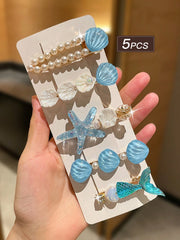 5pcs Blue Starfish & Shell Hair Clips