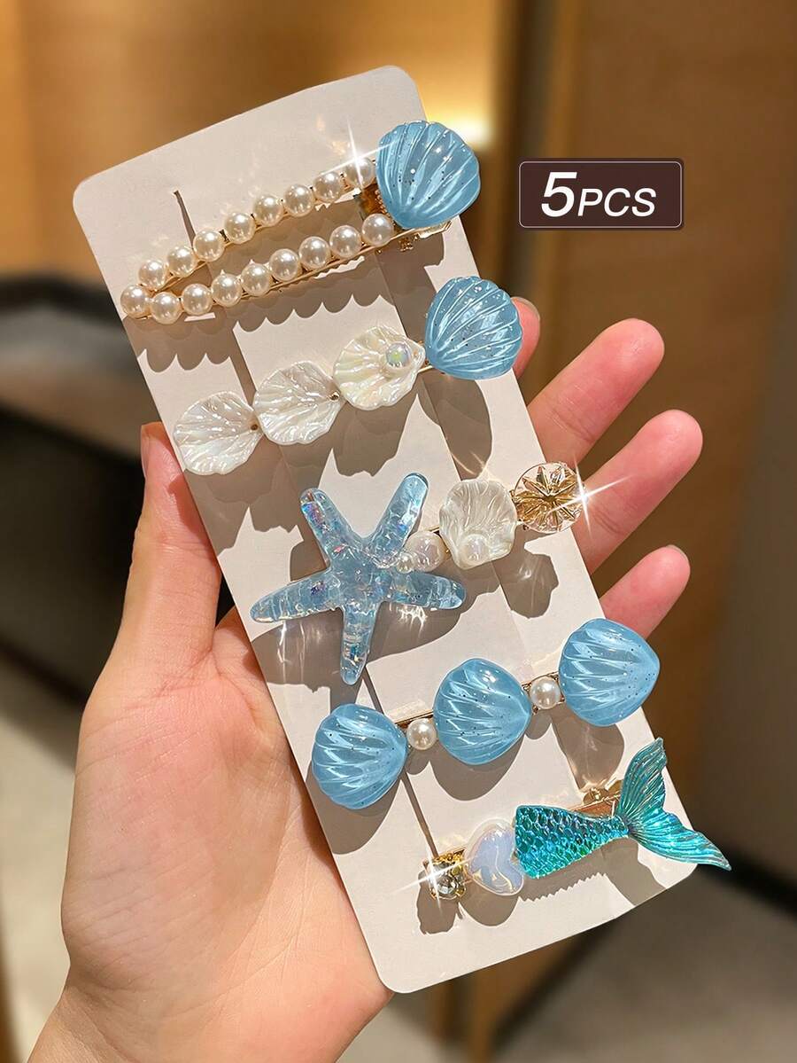 5pcs Blue Starfish & Shell Hair Clips