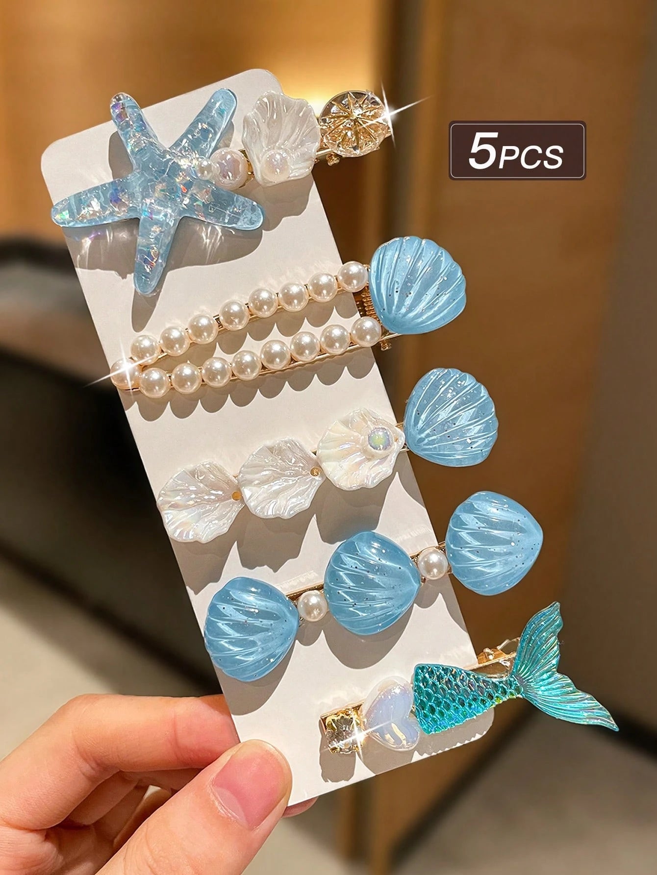 5pcs Blue Starfish & Shell Hair Clips