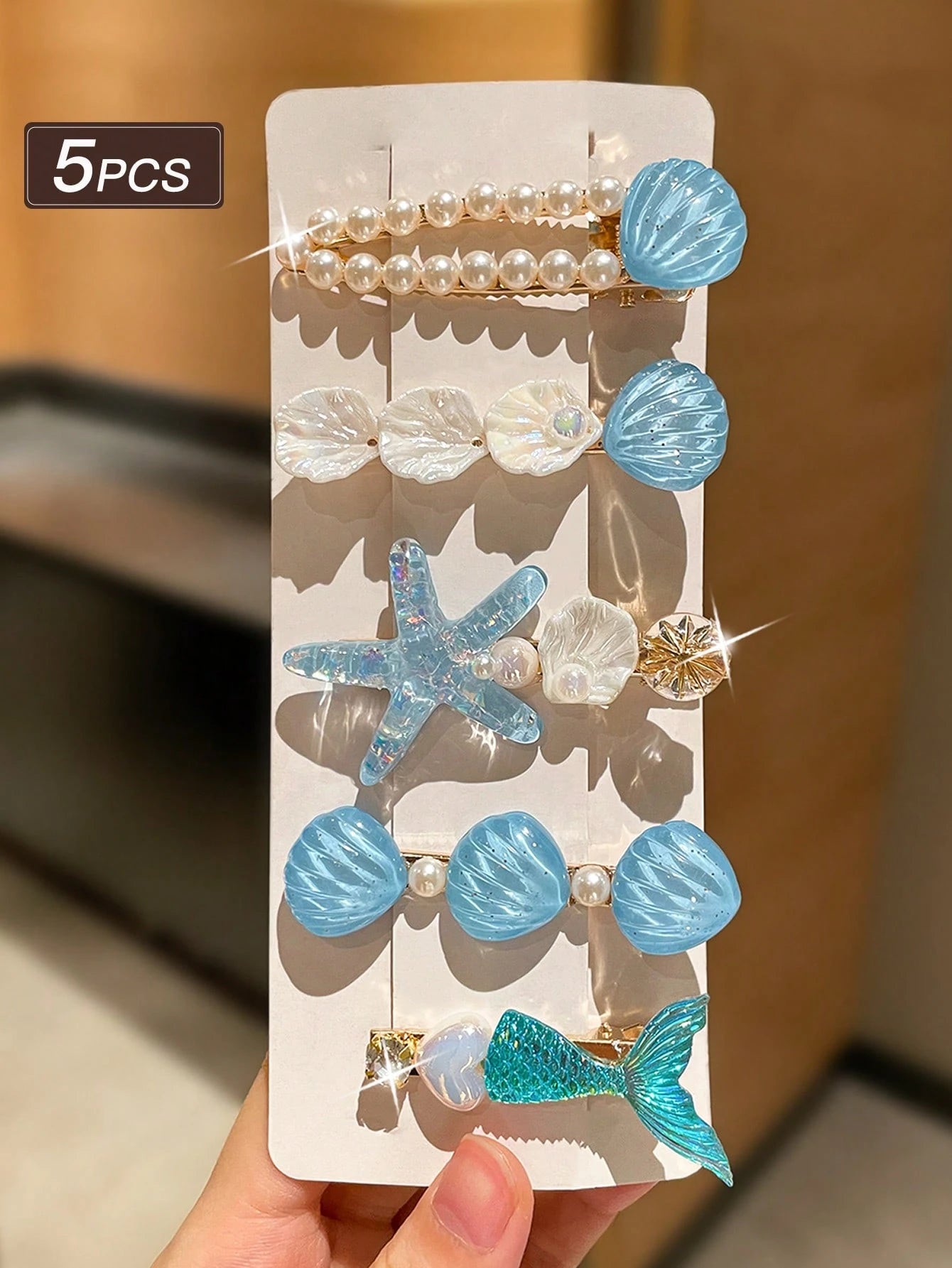 5pcs Blue Starfish & Shell Hair Clips