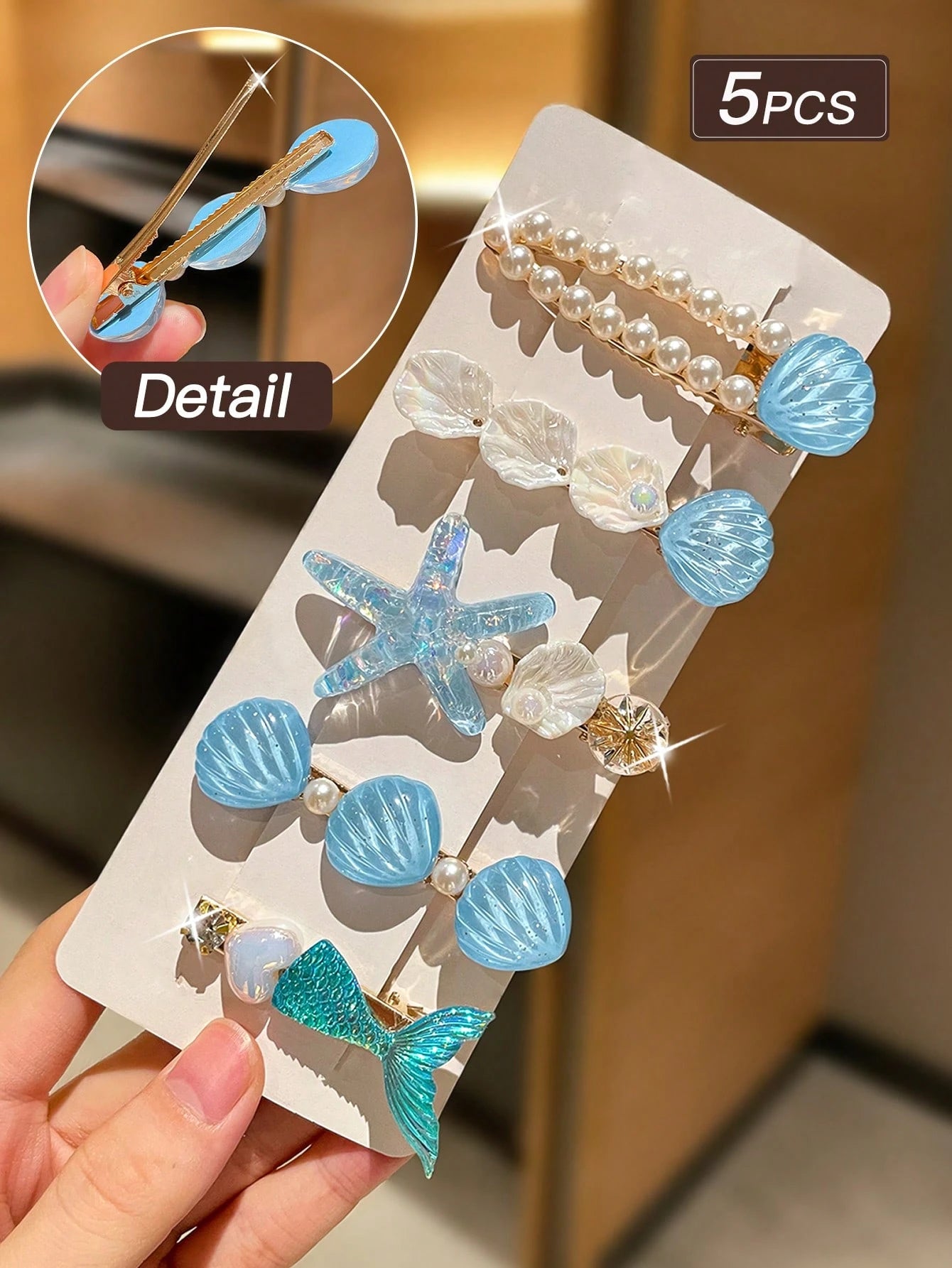 5pcs Blue Starfish & Shell Hair Clips