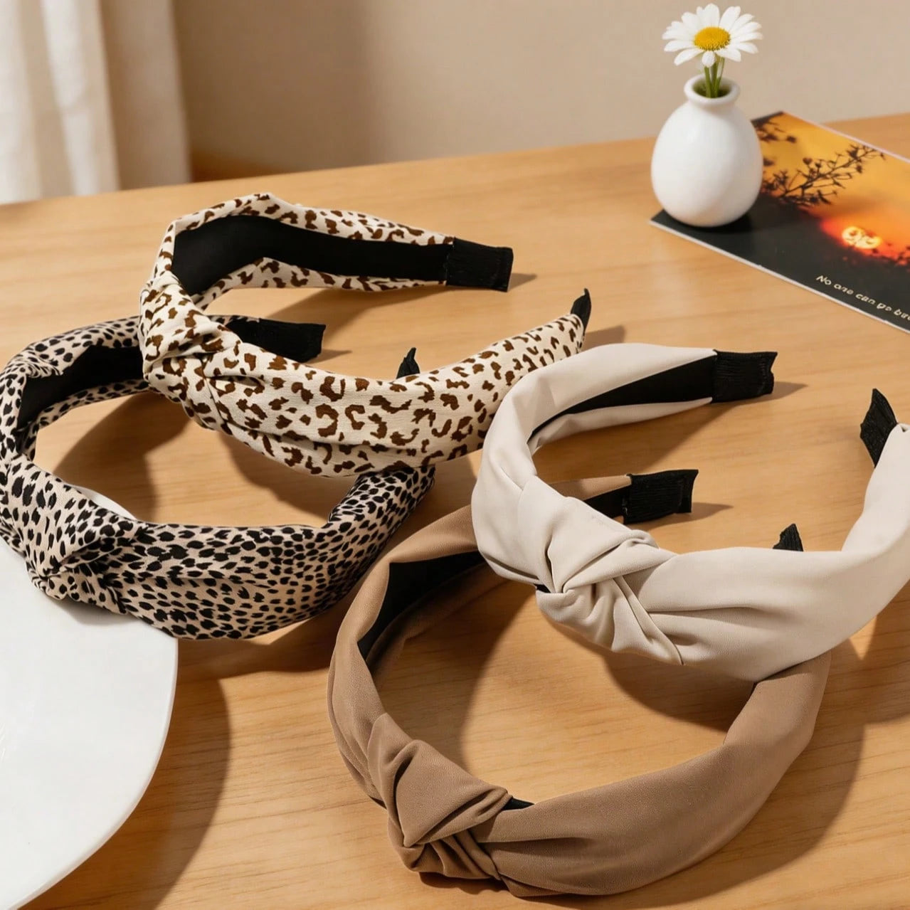 4Pcs Leopard Print Solid Wide Headband Set