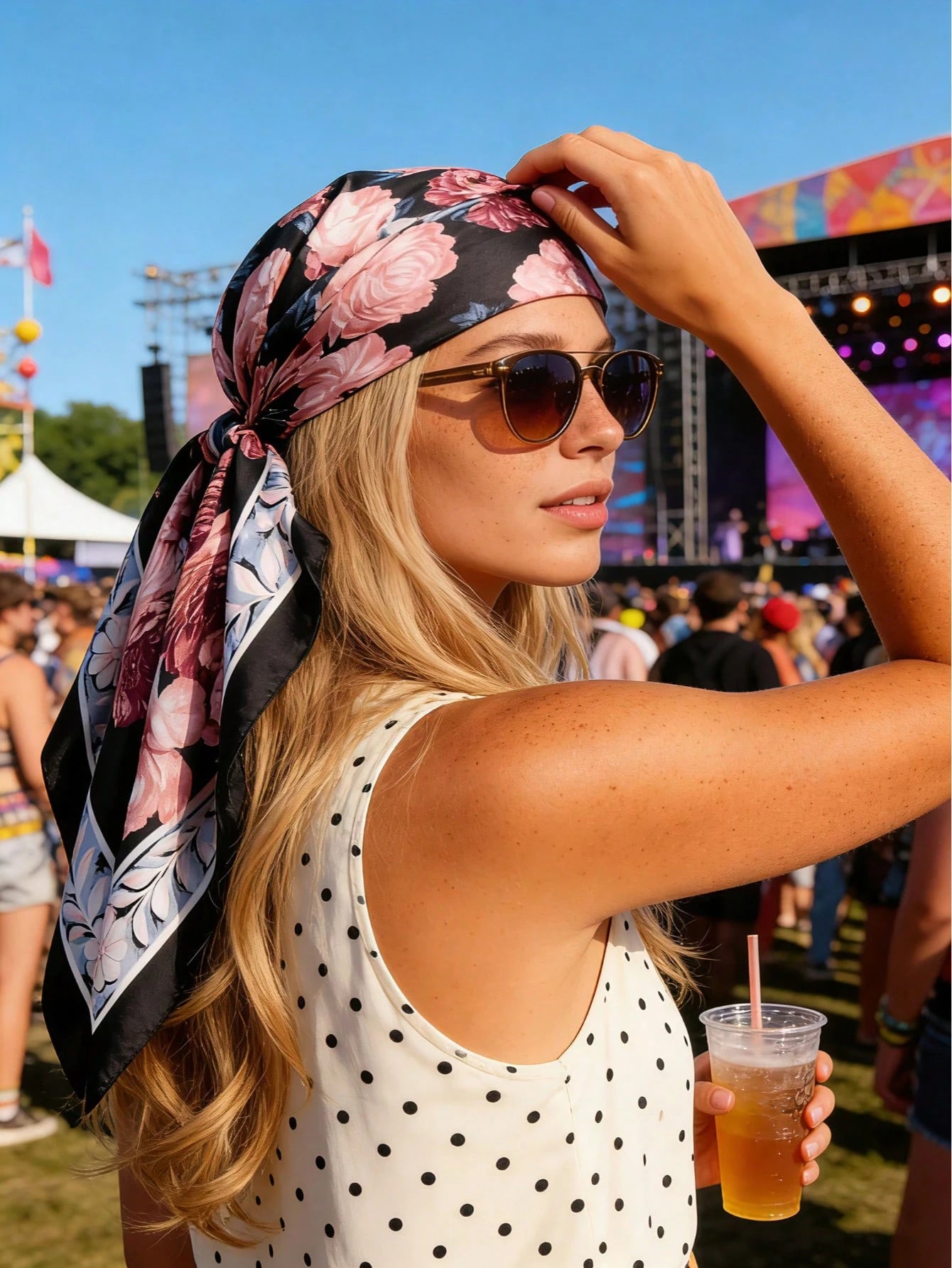 1pc Floral Print Square Scarf