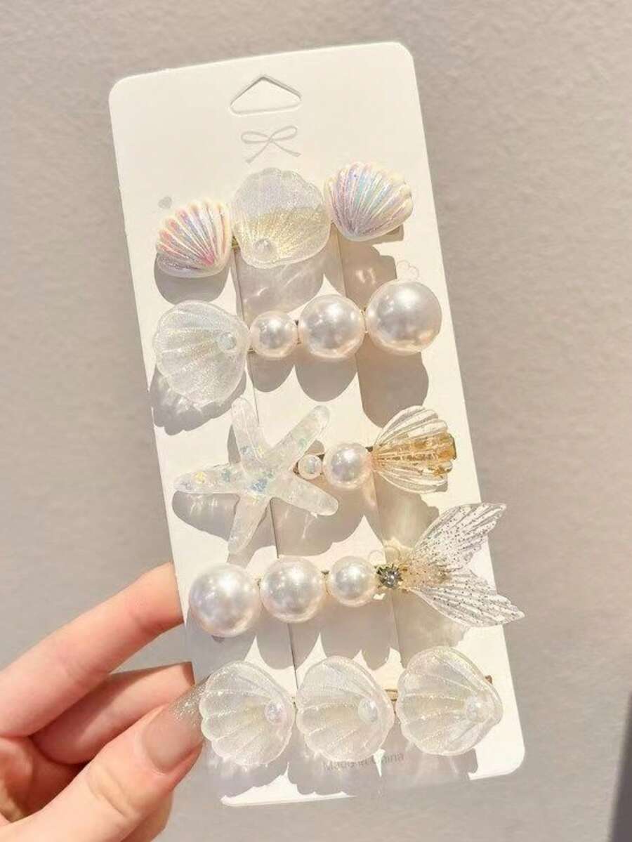 5pcs Women White Starfish Shell Mermaid Tail Hair Clips