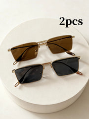 2pc Rectangular Metal Frame Sunglasses Set