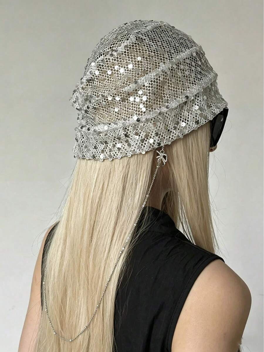 Sequin Mesh Pendant Breathable Layered Hat