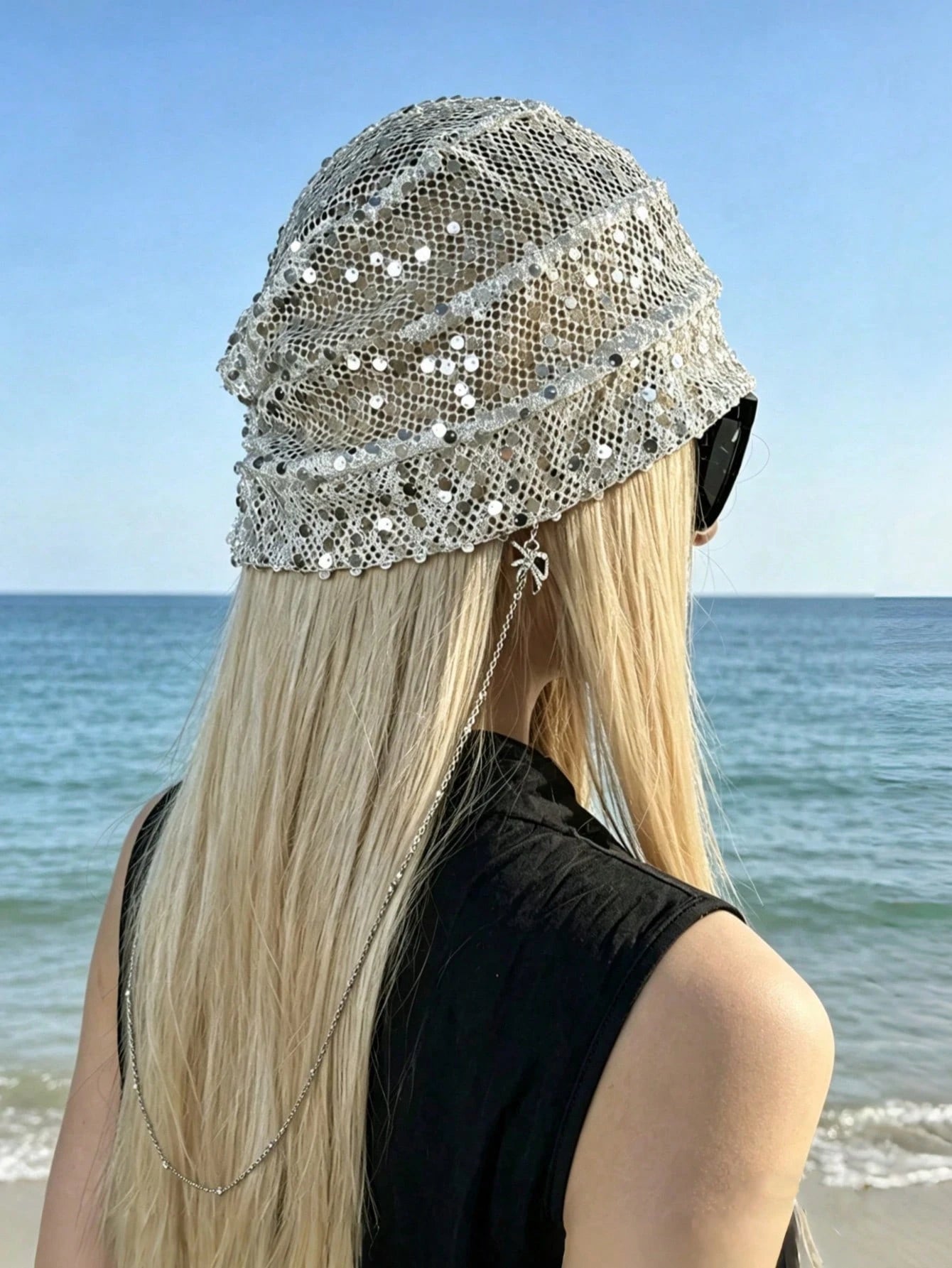 Sequin Mesh Pendant Breathable Layered Hat