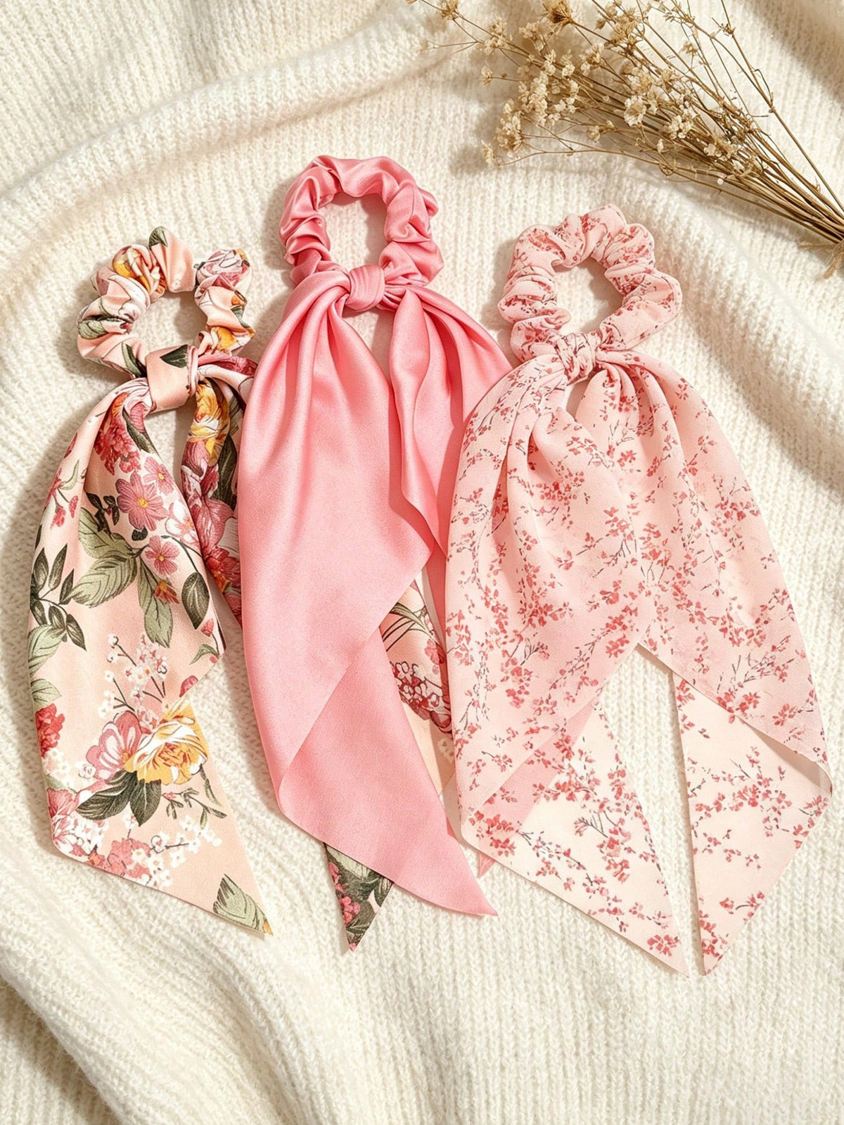 3Pcs Floral Bow Scarf Scrunchies