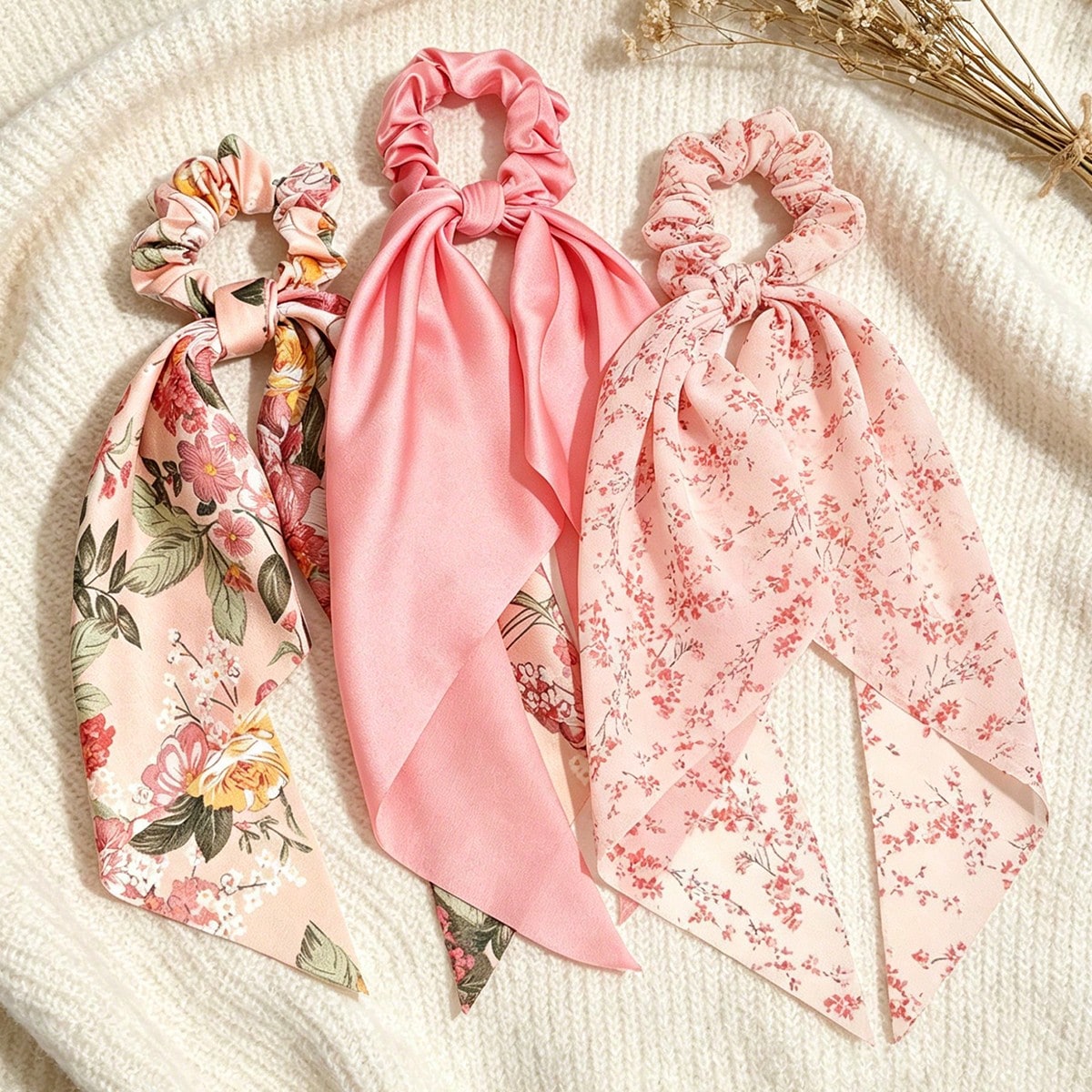 3Pcs Floral Bow Scarf Scrunchies
