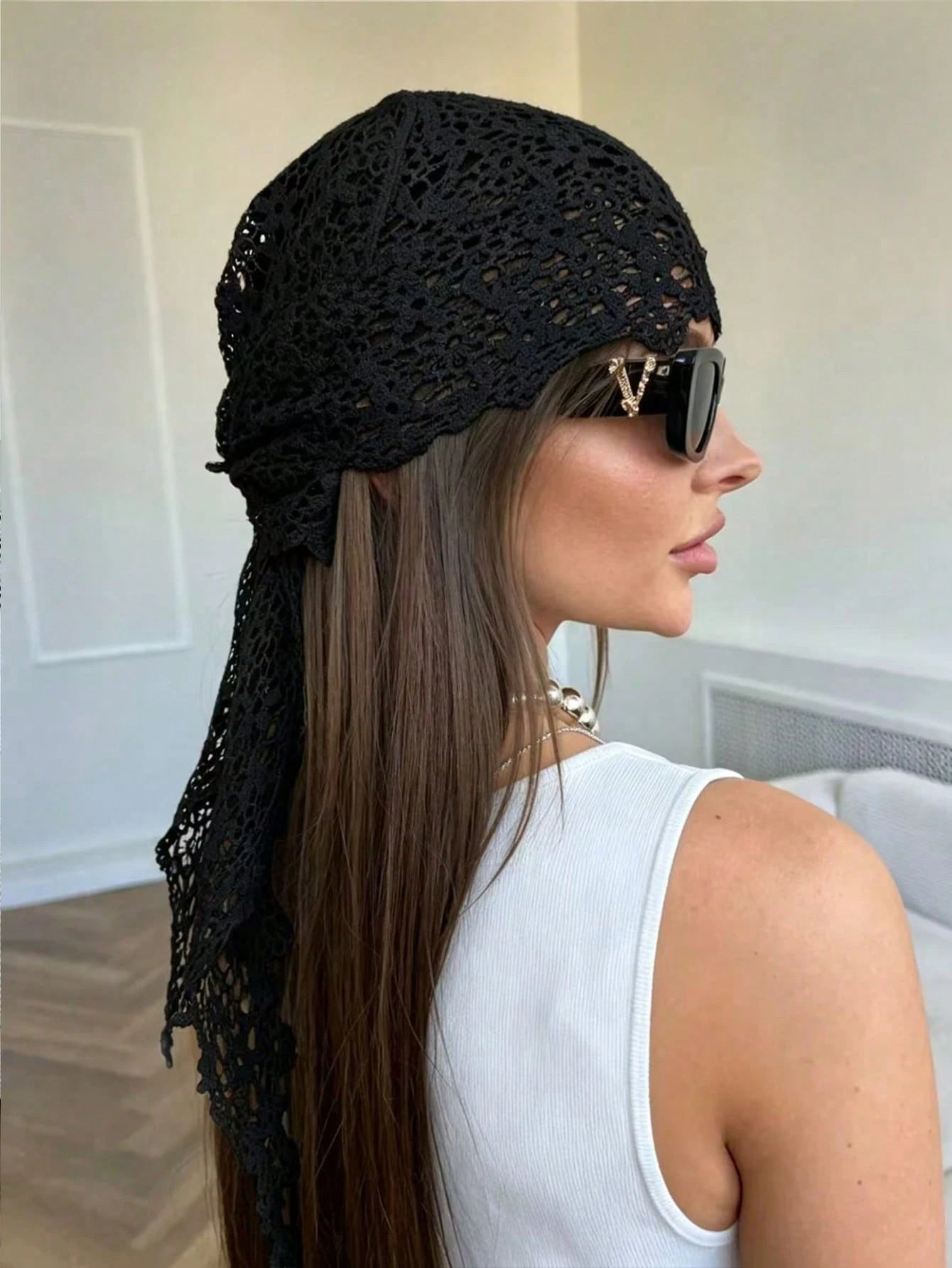1pc Black Lace Crochet Headscarf