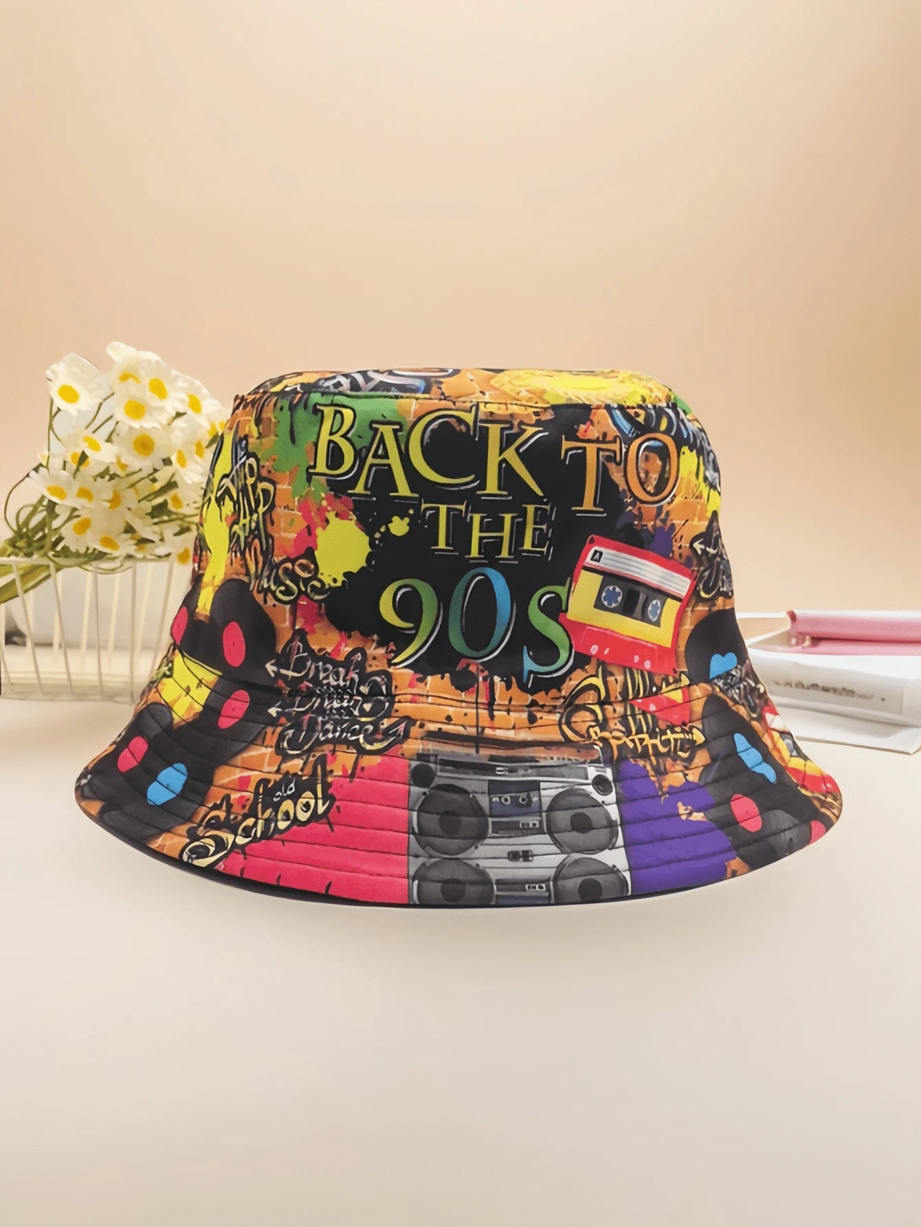 1pc Colorful Graffiti Tape Pattern 90s Retro Reversible Bucket Hat