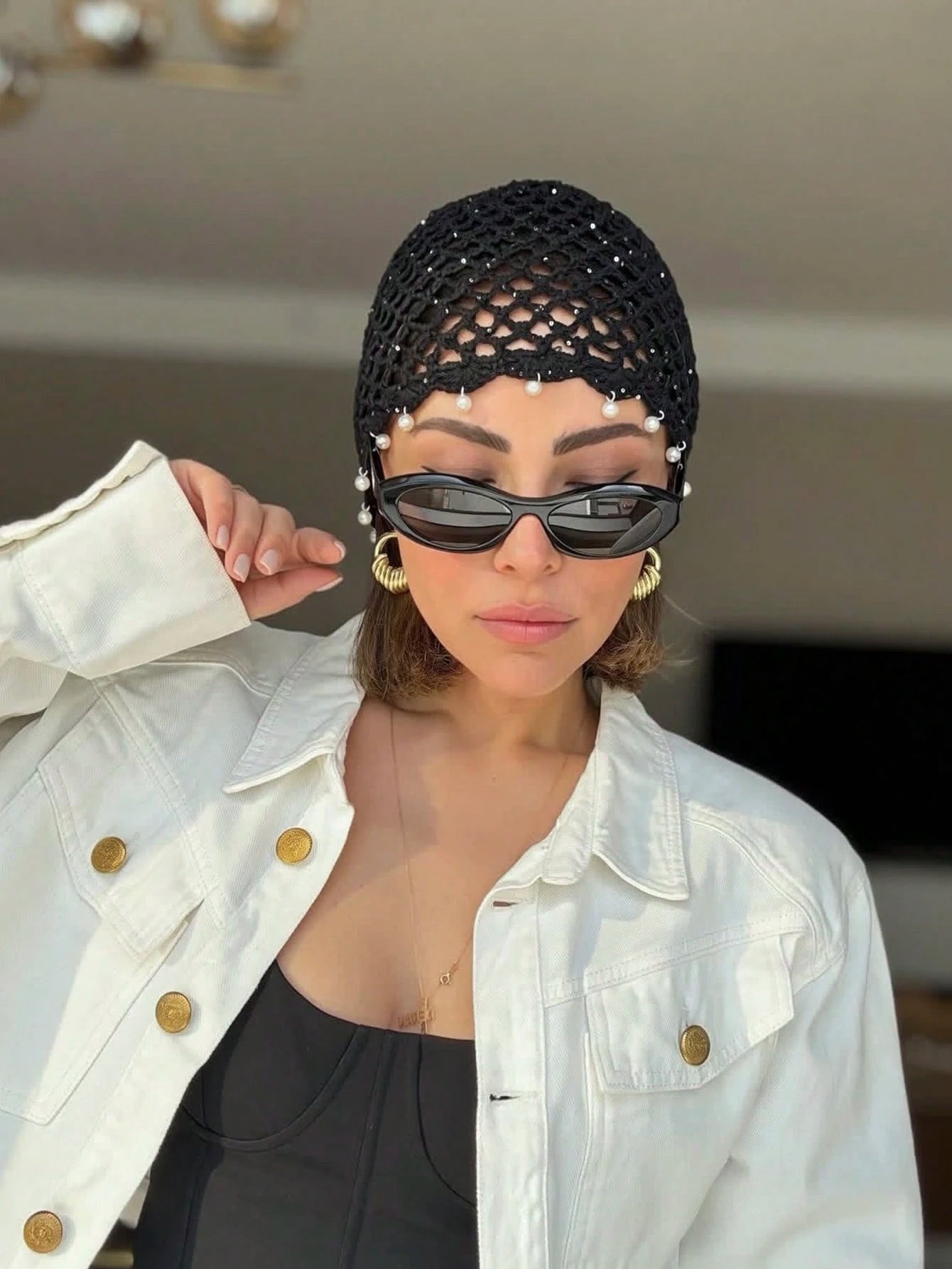 1pc Hollow Faux Pearl Handmade Crochet Knitted Hat