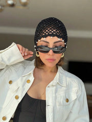 1pc Hollow Faux Pearl Handmade Crochet Knitted Hat