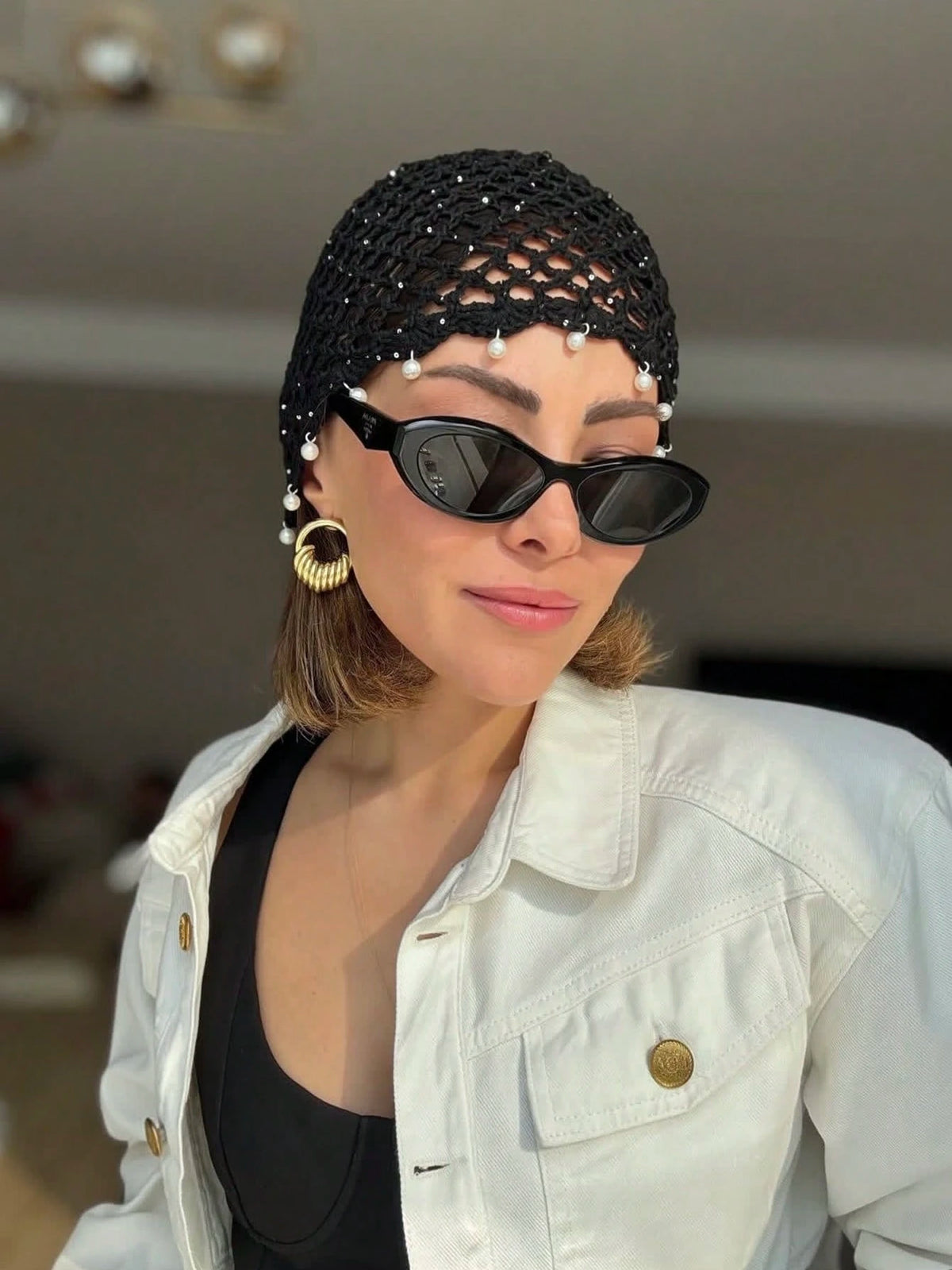 1pc Hollow Faux Pearl Handmade Crochet Knitted Hat