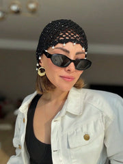 1pc Hollow Faux Pearl Handmade Crochet Knitted Hat