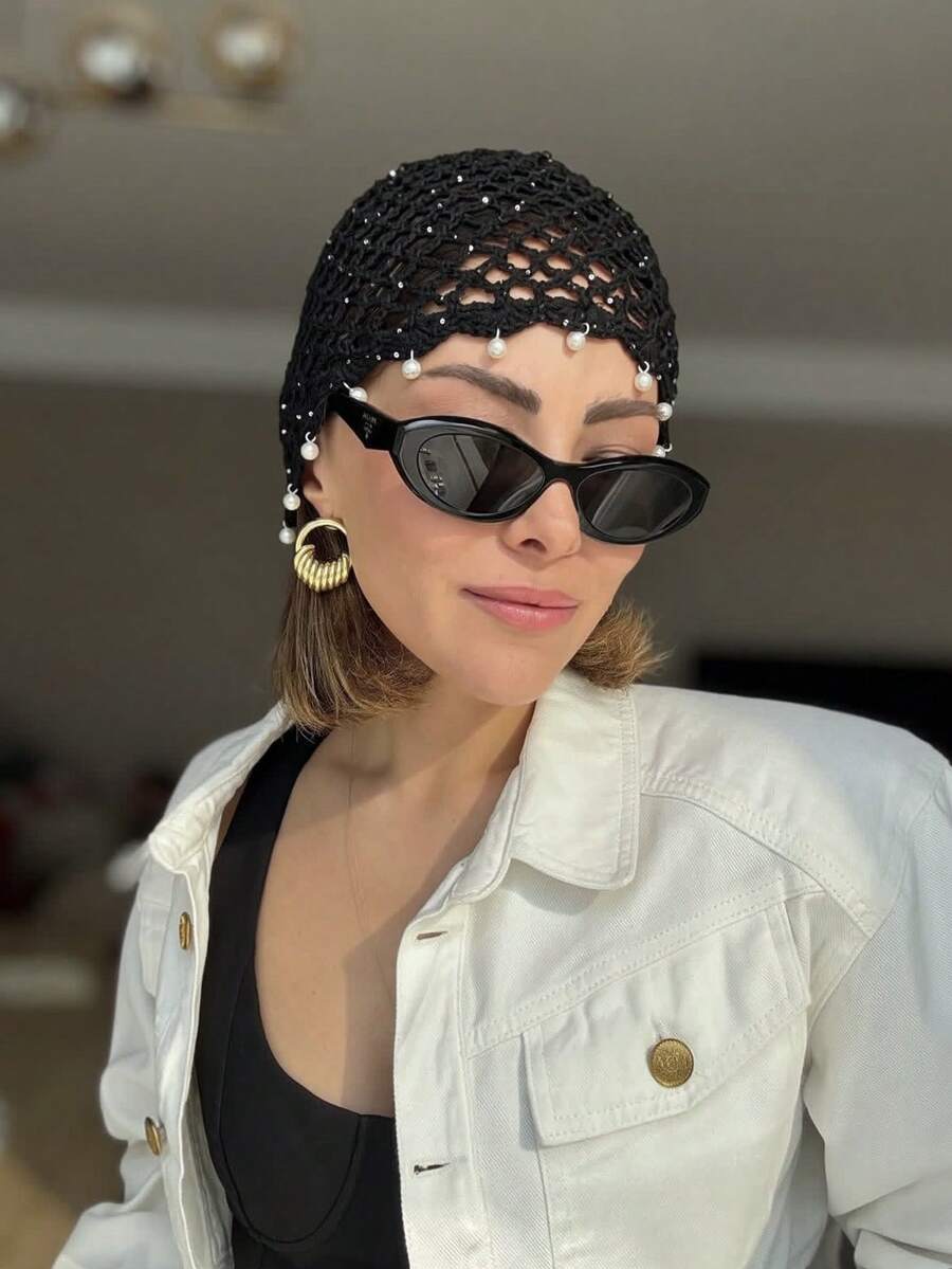 1pc Hollow Faux Pearl Handmade Crochet Knitted Hat
