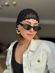 1pc Hollow Faux Pearl Handmade Crochet Knitted Hat