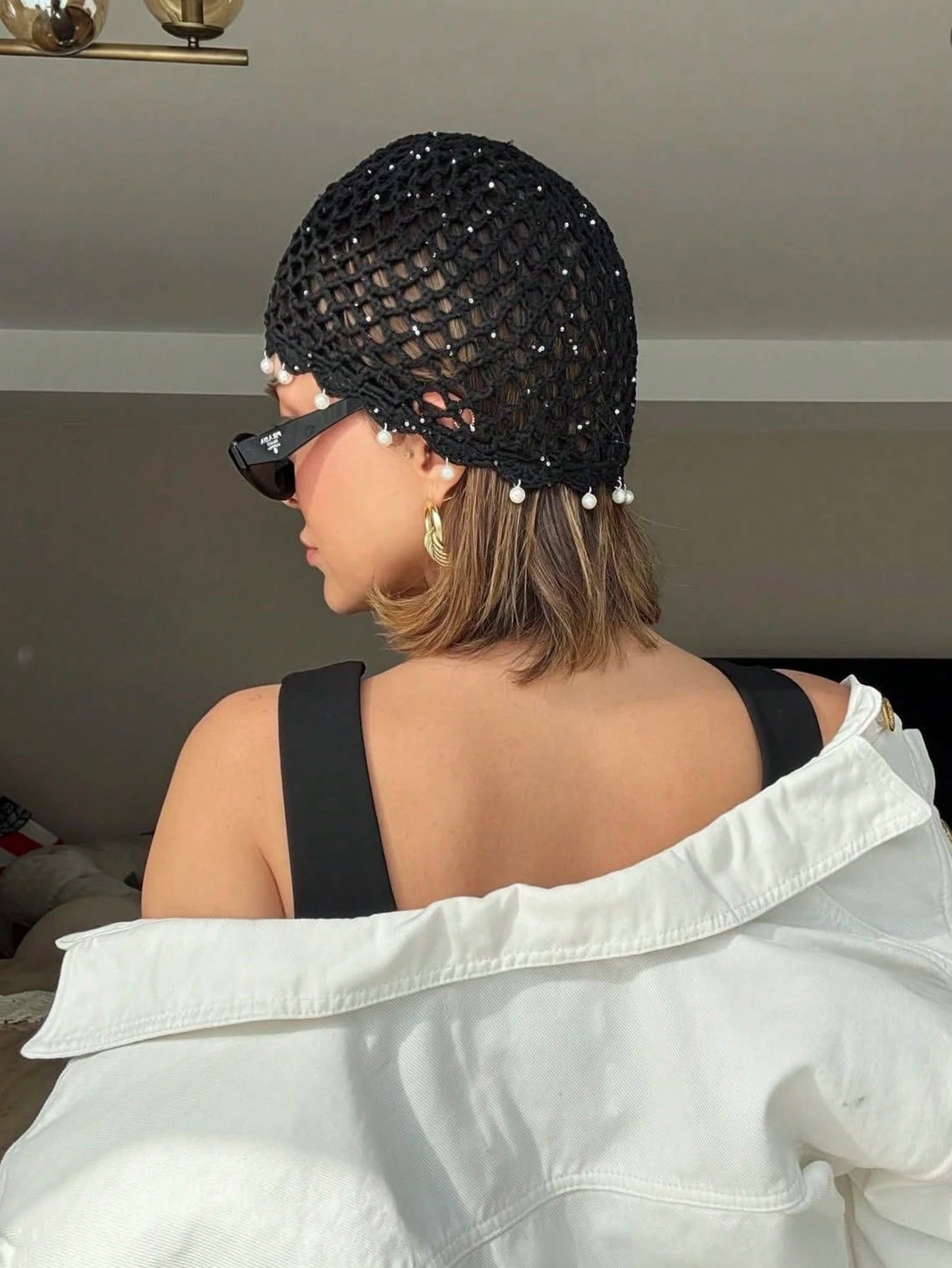 1pc Hollow Faux Pearl Handmade Crochet Knitted Hat