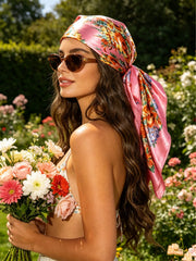 1pc Pink Floral Chiffon Satin Scarf
