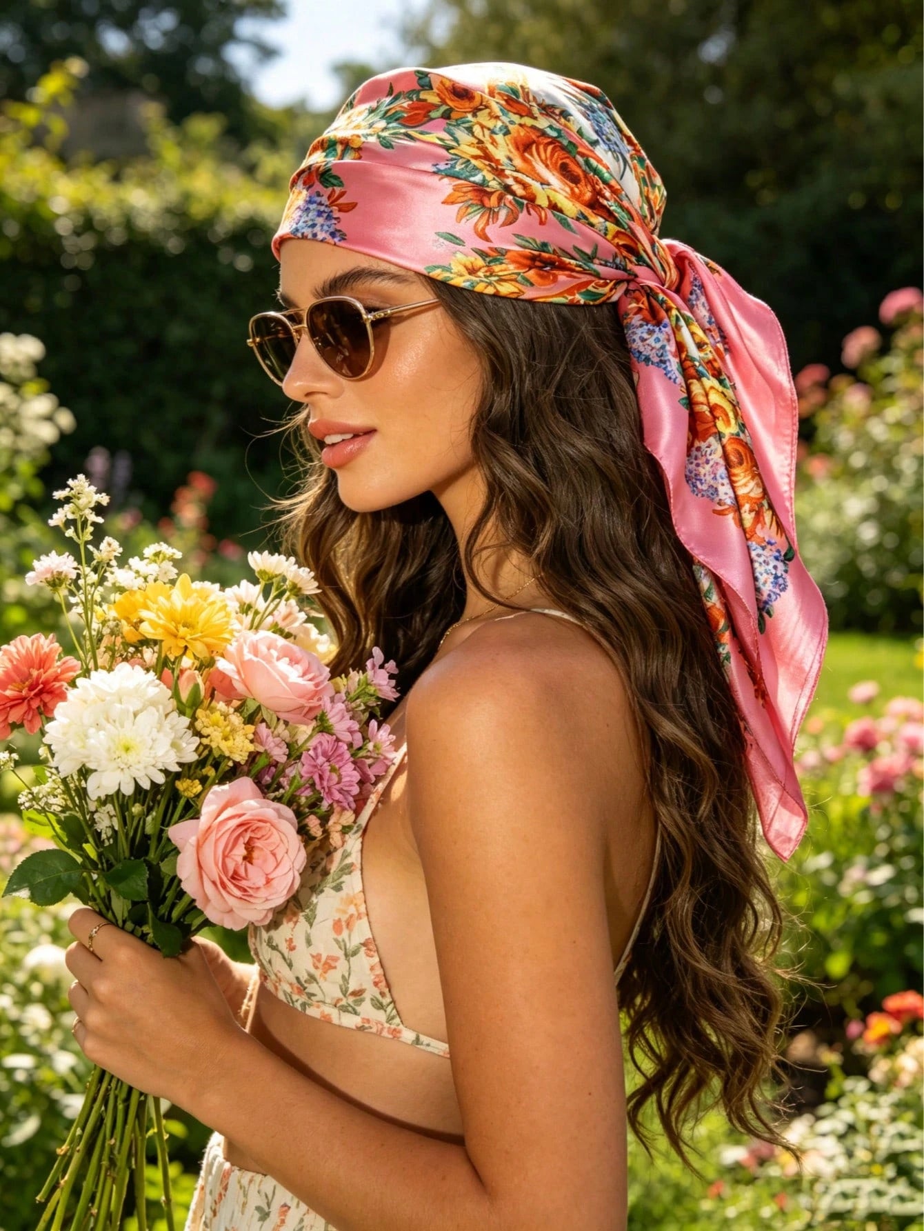1pc Pink Floral Chiffon Satin Scarf