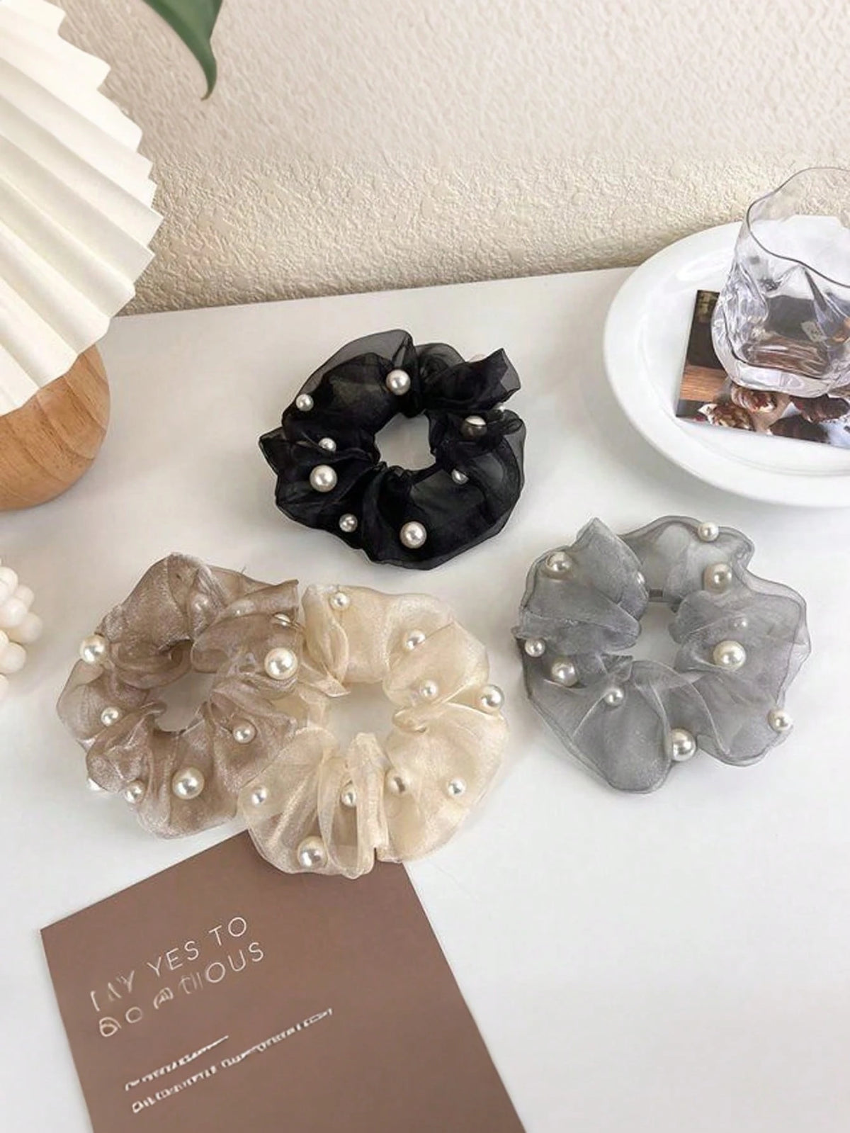 4Pcs Mesh Pearl Hair Scrunchies French Romantic Fabric Ties
