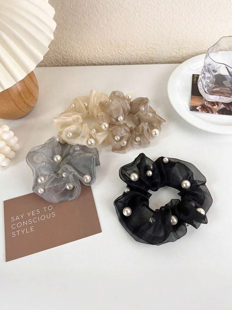 4Pcs Mesh Pearl Hair Scrunchies French Romantic Fabric Ties