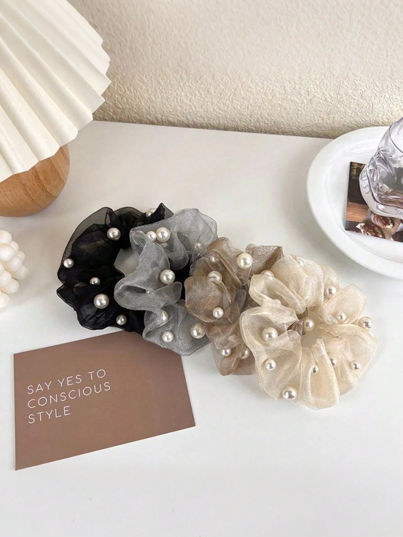 4Pcs Mesh Pearl Hair Scrunchies French Romantic Fabric Ties