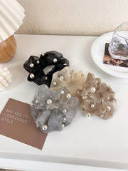 4Pcs Mesh Pearl Hair Scrunchies French Romantic Fabric Ties