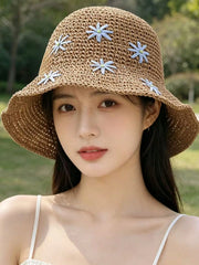 1pc Foldable Wide Brim Straw Bucket Hat