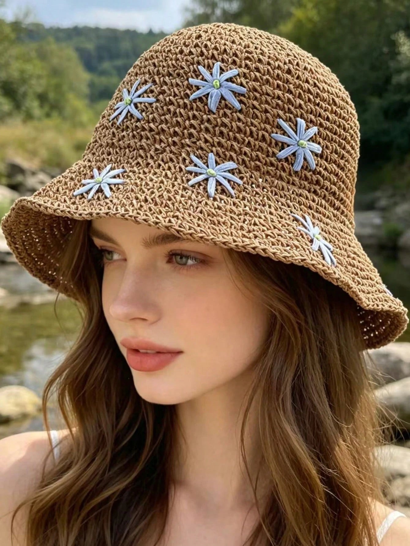1pc Foldable Wide Brim Straw Bucket Hat